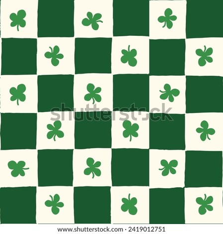 Seamless vector repeating pattern with hand drawn checkerboard in green and cream and a four leaf clover shamrock. St Patricks day lucky clover background.