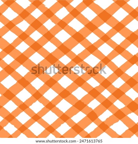 Vector seamless repeat pattern with bright orange bias gingham check plaid with grunge torn edges. Halloween, harvest, Thanksgiving cottagecore projects, farmers market, seeds packets. 