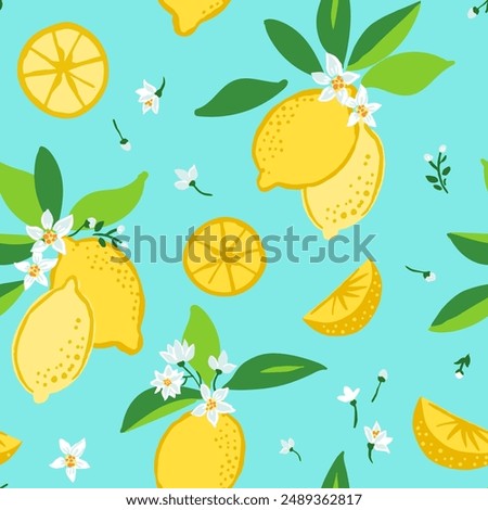 Seamless vector repeat pattern with yellow lemons and blossom flowers toss on bright aqua teal. Summer fruit, swim, beach design, juice, food, picnic, cooking, mediterranean, Italian food backdrop