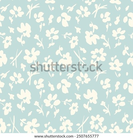 All over vector seamless repeat pattern with ditsy tossed cream flowers on light teal blue background. Simple and versatile retro cottage everyday ditsy floral backdrop. Shabby chic floral backdrop.