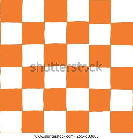 Seamless vector repeating pattern with hand drawn checkerboard in orange and white. Halloween, harvest, fall, autumn checker background for packaging, paper, fabric, wallpaper.