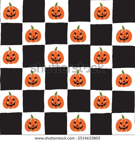 Seamless vector repeating pattern with hand drawn checkerboard in black and white and orange pumpkin jack o lantern half drop. Halloween checkers with pumpkins packaging, paper, fabric.