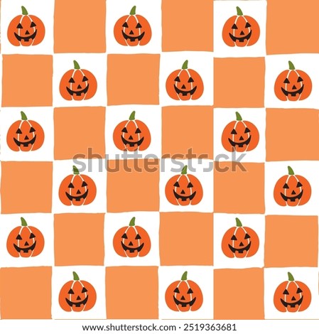 Seamless vector repeating pattern with hand drawn checkerboard in orange and white and a pumpkin jack o lantern half drop. Halloween checkers with pumpkins packaging, paper, fabric.