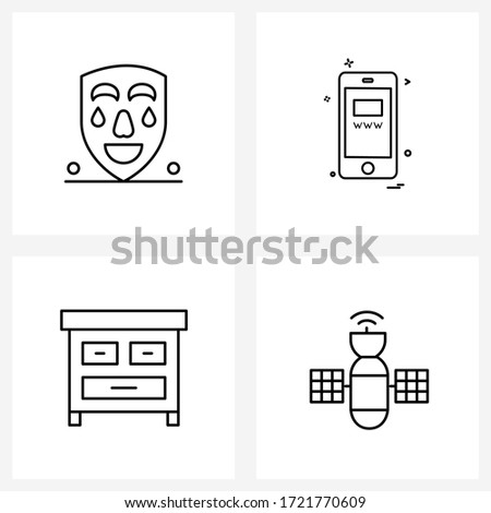 Mobile UI Line Icon Set of 4 Modern Pictograms of comedy mask; table; mobile; phone; orbit Vector Illustration