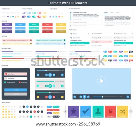 Ultimate web UI elements | UI Mega Collection | flat design web elements: Icons, web forms, button, checkbox, radio button, switch button, Tab & accordians, media player, pagination and so on