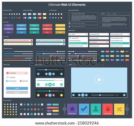 Ultimate dark web UI elements | UI Mega Collection | flat design web elements: Icons, web forms, button, check box, radio button, switch button, Tab & accordions, media player, pagination and so on