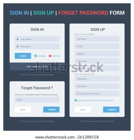 UI elements, Login, Registration and Forgot password form, flat design