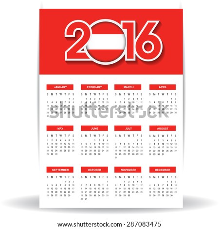 2016 Calendar - Austria Country Flag Banner - Happy new Year calendar template - Week starts with Sunday - Vector illustration