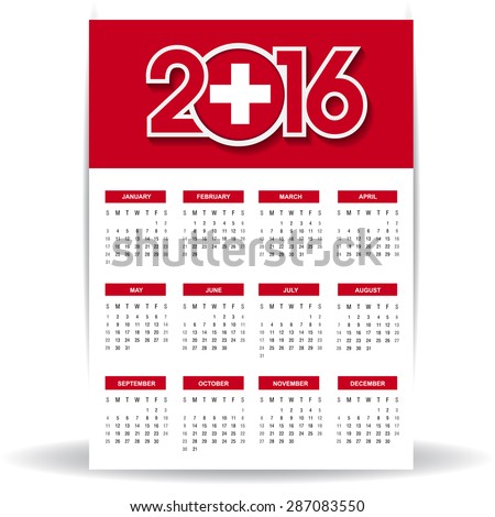 2016 Calendar - Switzerland Country Flag Banner - Happy new Year calendar template - Week starts with Sunday - Vector illustration
