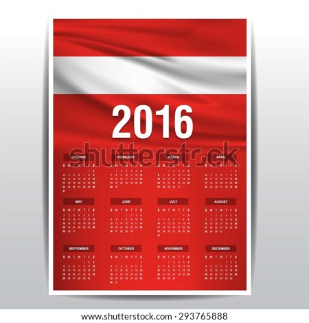 2016 Calendar - Austria Country Flag Banner - Happy new Year calendar template - Week starts with Sunday - Vector illustration
