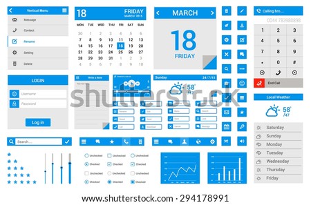 Blue Flat ui kit - flat design mobile web ui elements: Icons, web forms, button, weather, check box, calendar, menu, day, icon, dial, login, note, media, player, radio button, switch button etc