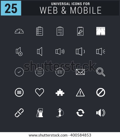 25 Universal icon set. simple pictogram minimal, flat, solid, mono, monochrome, plain, contemporary style. Vector illustration web internet design elements
