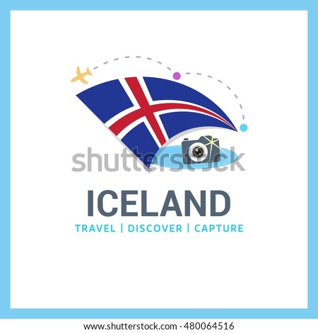 Iceland Travel, Discover, Capture logo - Vector travel Photographer logo design - Country Flag Travel, Discover and Photgrapher Conceptual logotype - vector illustration