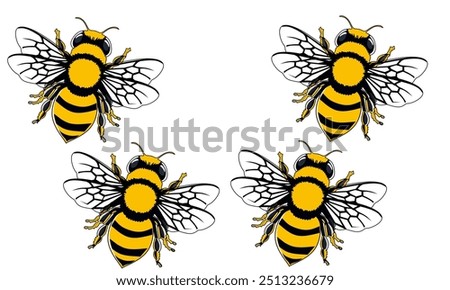 Illustration of four honeybees with black and yellow stripes and detailed wings. Ideal for themes related to nature, insects, beekeeping, pollination, biodiversity, and environmental conservation.