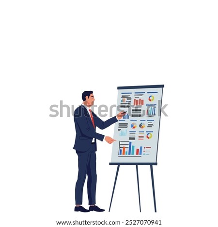 A businessman presenting data on a flip chart filled with colorful charts and graphs. Perfect for themes around business, presentations, or corporate meetings.