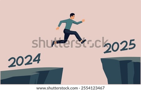  man jumping from a cliff with the words 2024 written on it to a cliff with the words 2025 written on it. Symbolizing the transition the new year, hope, and determination to face the challenges ahead.