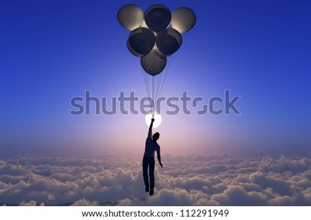 Man flies on the balloons in the sky