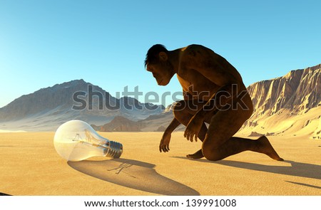 Primitive man and the light on the background of a mountain lanshafty.
