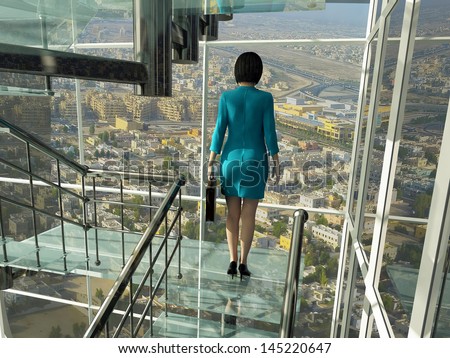 Business woman rises on the glass stairs against the background of the city.