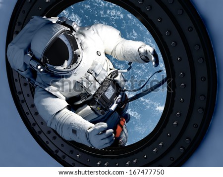 Astronaut goes through the hatch into space.\