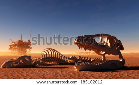 Dinosaur skeleton and the oil station in the desert.