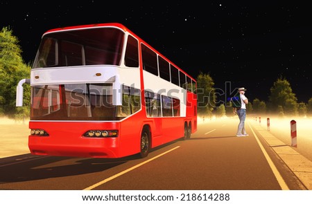 Bus and tourist on the road at night.