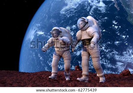 The astronauts on a background of a planet