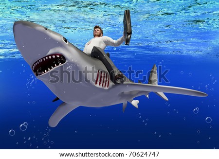 Businessman on a shark in the sea.