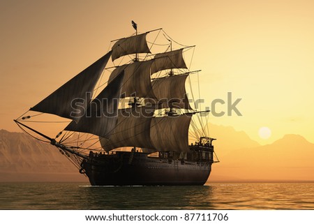 Antique sailing ship at sea.