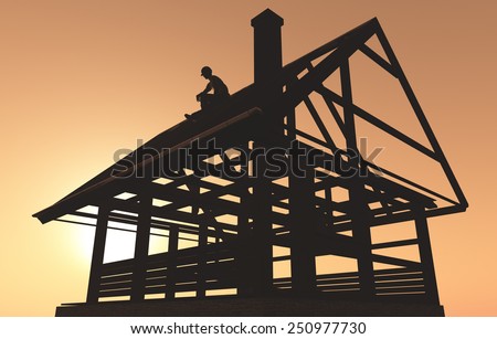 Silhouette of construction of a wooden house