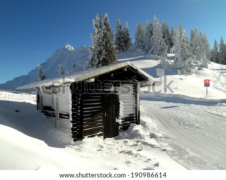 Beautiful winter cabin covered with snow mountain alps.