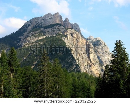 Cortina d\'Ampezzo mountains forest peak cliff Alps, Italy.