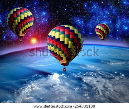 Hot air balloon fairy tale landscape fantasy sky earth. Elements of this image furnished by NASA.