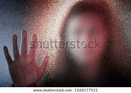 Similar – Image, Stock Photo Woman behind window in building near trees