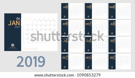 Vector of 2019 new year calendar in clean minimal table simple style and blue and orange yellow color,Holiday event planner,Week Starts Sunday.include holiday event.A5 size