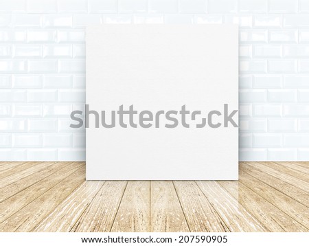 Poster frame at Tiles ceramic room wall with wooden plank floor