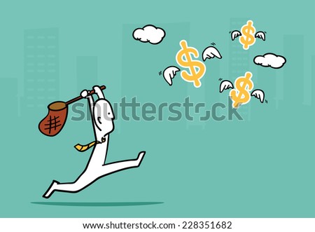 Biz man concept : Business man running to catch flying dollar sign