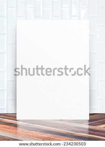 White Blank Poster in tiles wall and diagonal wooden floor room,Template Mock up for your content,Business presentation