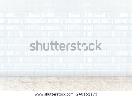 empty perspective room with white ceramic tiles wall and marble floor,Template for adding your content