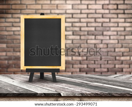 Menu blackboard on Diagonal Wooden Table top at blurred red brick wall,Template mock up for display of your product,Business presentation