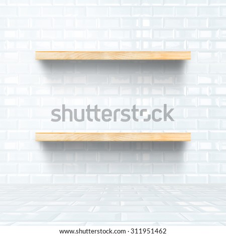 white tile room with wooden shelf, Mock up for display of product.