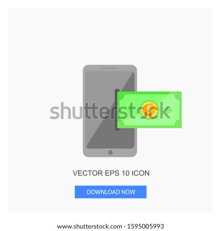 Insert Top Up Icon Money Paper Green Color Dollar Sign Currency From Right Side With Gold Coin On Center Using Smart Phone Gray Flat Icon Vector Illustration White Background