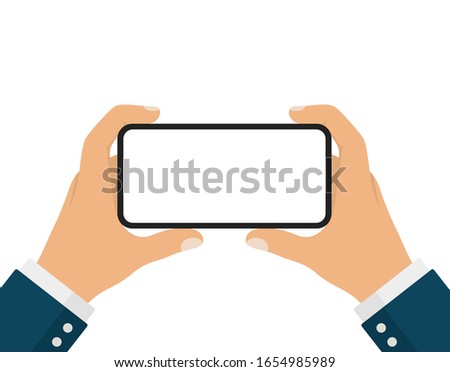 Businessman Hand Holding Black Smartphone with White Screen in Horizontal Position or Landscape Mode.