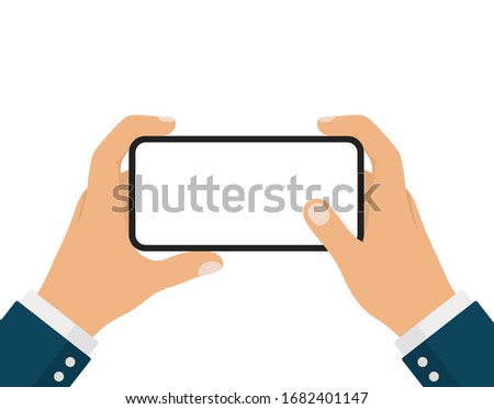 Businessman Hand Holding Black Smartphone and Touching Screen in Horizontal Position or Landscape Mode.