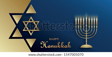 Happy Hanukkah card with nice and creative symbols and gold paper cut style on color background for Hanukkah day and Hanukkah Jewish holiday