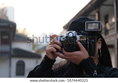 Similar – Image, Stock Photo Unrecognizable traveler with flashlight exploring foggy forest