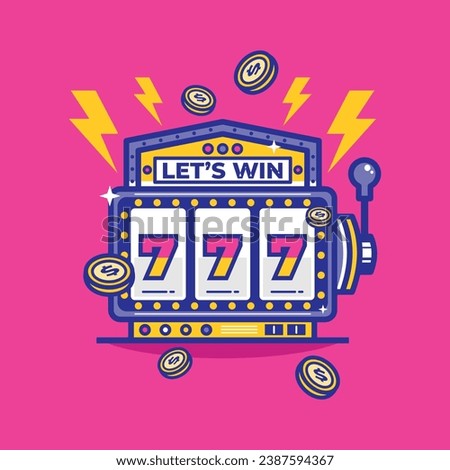 Slot machine with lucky sevens jackpot vector illustration. Win jackpot money