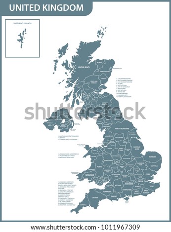 The detailed map of the United Kingdom with regions or states. Actual current relevant UK, Great Britain administrative devision. Foto stock © 