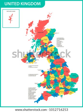 The detailed map of the United Kingdom with regions or states and cities, capitals. Actual current relevant UK, Great Britain administrative devision. Imagine de stoc © 