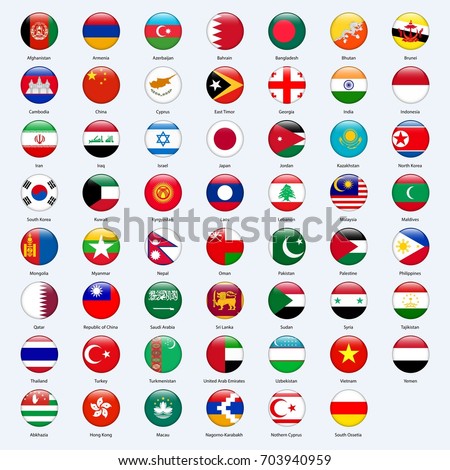 All flags of the countries of the Asia. Round glossy style.